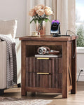 Fluted Nightstand, End Table with Charging Station and 2 Drawers, Farmhouse Nightstands with Fluted Panel, Engineered Wood Side Table for Bedroom Walnut MBZ06UHT