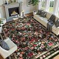 Deerly Large Floral Washable Area Rugs 9x12 for Living Room Vintage Boho Non-Slip Bedroom Carpet Soft Low Pile Thin Floor Mat Indoor for Dining Room Playroom Nursery Farmhouse, Black/Multi