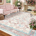 Deerly Pink Washable Floral Rugs 8x10 Large Vintage Living Room Carpet Boho Non-Slip Soft Low Pile Thin Bedroom Floor Mat Indoor for Playroom Nursery Kids Girls Room Farmhouse, Light Pink/Blue/Multi