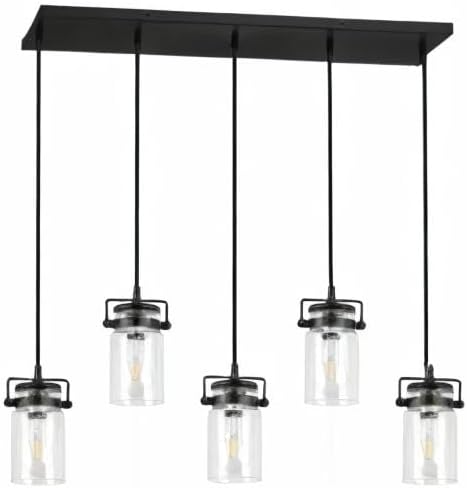 Pendant Lighting for Kitchen Island, Dining Room Light Fixture Black, 5-Light Hanging Linear Chandeliers with Clear Glass Shade Farmhouse Chandeliers for Dining Room(E26 Bulb Base)