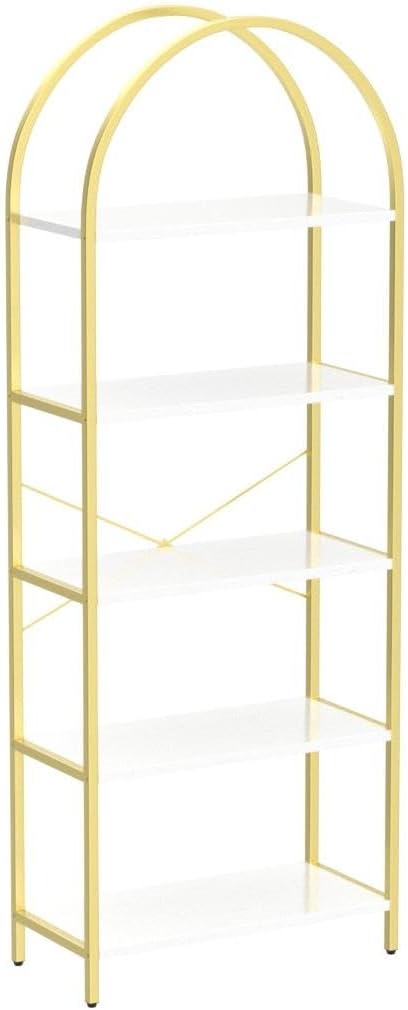 IDEALHOUSE Bookshelf 5 Tier Bookcase Arched Display Racks Tall Standing Bookshelves Metal Frame Modern Storage Rack Shelf Large Wood Book Shelf for Bedroom, Living Room, Home Office, White/Gold