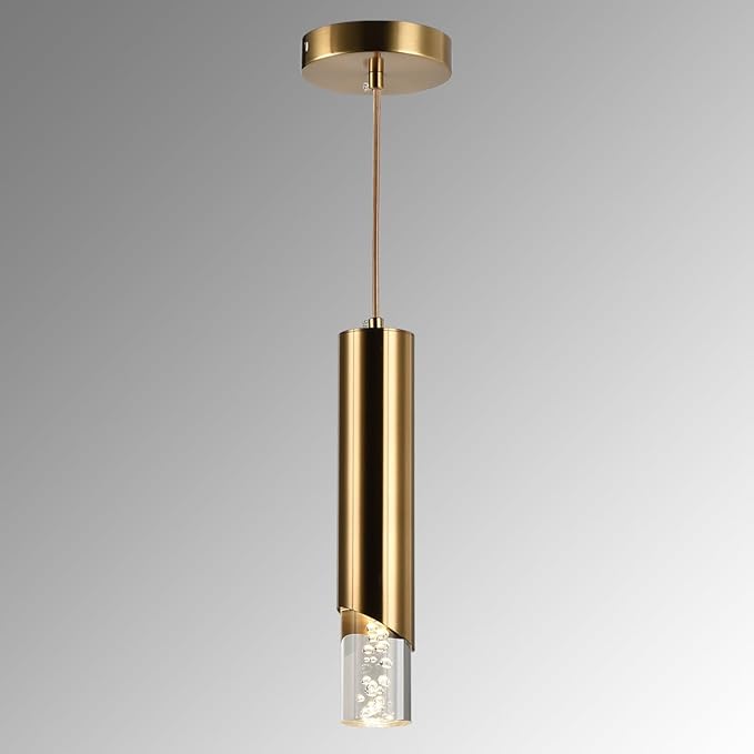 Pendant Lights Kitchen Island, Dimmable Island Cylinder Brass Pendant Light Fixture, 1 Light Bubble Acrylic Small Modern Pendant Lighting for Bedroom Bar, 3000K