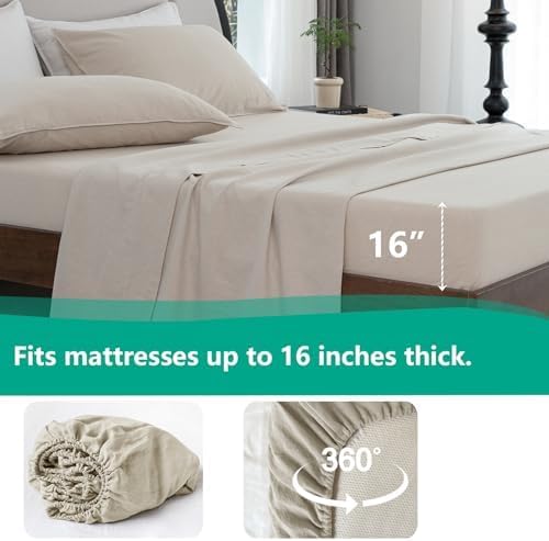 Talasily Linen Sheets-Queen Size Sheets Set,Blend from Linen Cotton Bedsheets,All Seasons Soft Breathable 4 Piece Set-Beige