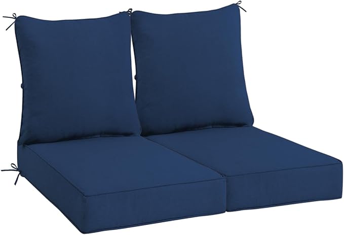 Sundale Outdoor Olefin Deep Seat Cushion Set of 2, Patio Chair Cushion and Pillow, Water-Resistant Sectional Sofa Pad with Straps Dark Blue, 23 x 26 x 4 Inches