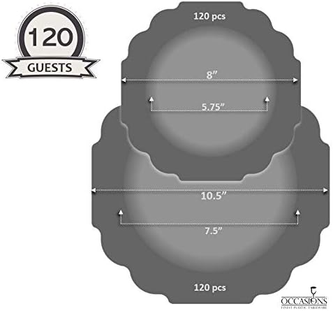 " OCCASIONS " 240 Plates Pack (120 Guests) Heavyweight Wedding Party Disposable Plastic Plates Set -120 x 10.5'' Dinner + 120 x 8'' Salad/Dessert Plate (Imperial White & Gold)
