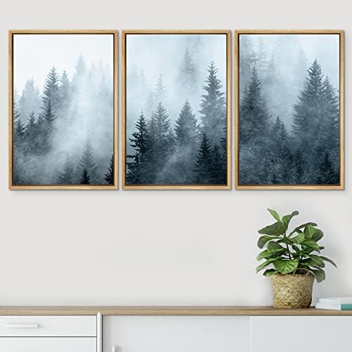 SIGNWIN Framed Canvas Print Wall Art Set Winter Fog Mist Pine Tree Mountain Forest Nature Wilderness Photography Modern Art Landscape Relax/Calm for Living Room, Bedroom, Office - 16"x24"x3 Natural