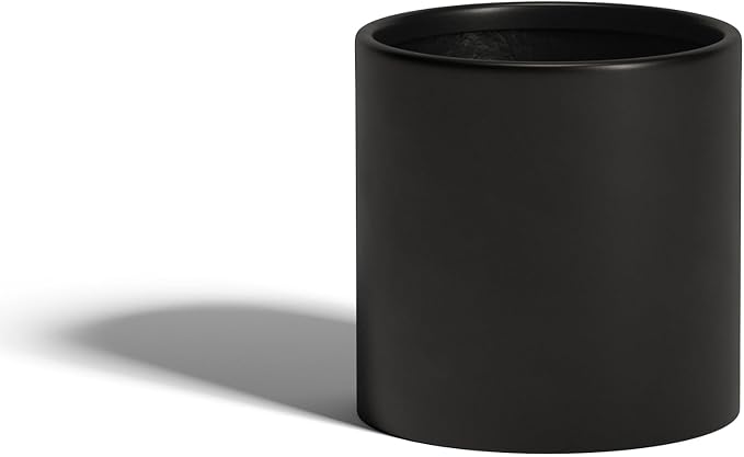 DTY Signature Mount Powell Fiberstone Planter - 12 Inch Medium Black Cylindrical Mid-Century Modern Home Decor Indoor & Outdoor Plant Pot - Durable Planters for Indoor Plants, Outdoor Spaces