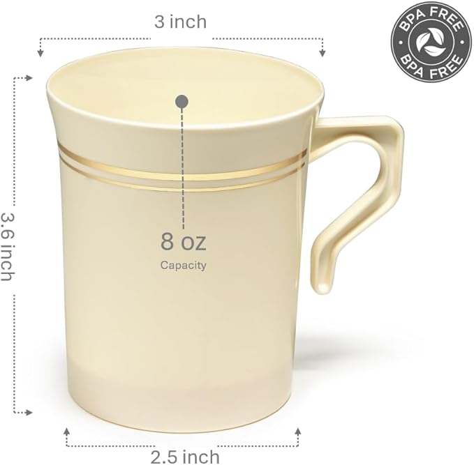 OCCASIONS 120 Mug Pack, Heavyweight Disposable Wedding Party Plastic 8 oz Coffee/Tea/Cappuccino/Espresso Cups with Handles (Ivory & Gold Rim)