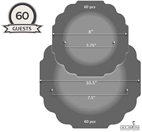 " OCCASIONS " 120 Plates Pack,(60 Guests) Heavyweight Wedding Party Disposable Plastic Plates Set -60 x 10.5'' Dinner + 60 x 8'' Salad/Dessert Plate (Imperial in White & Silver Rim)