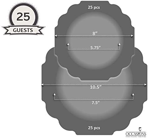 " OCCASIONS " 50 Plates Pack (25 Guests)-Heavyweight Wedding Party Disposable Plastic Plate Set -(25x10.5'' Dinner + 25x8'' Salad/Dessert) (Imperial White & Gold)