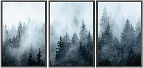 SIGNWIN Framed Canvas Print Wall Art Set Winter Fog Mist Pine Tree Mountain Forest Nature Wilderness Photography Modern Art Landscape Relax/Calm for Living Room, Bedroom, Office - 16"x24"x3 Black
