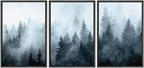 SIGNWIN Framed Canvas Print Wall Art Set Winter Fog Mist Pine Tree Mountain Forest Nature Wilderness Photography Modern Art Landscape Relax/Calm for Living Room, Bedroom, Office - 16"x24"x3 Black