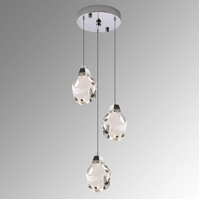 3 Lights Pendant Light Fixture, Cluster Crystal Pendant Lighting Chrome, Modern Dimmable Triple Pendant Chandelier for Kitchen Island, Dining Room