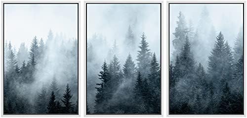 SIGNWIN Framed Canvas Print Wall Art Set Winter Fog Mist Pine Tree Mountain Forest Nature Wilderness Photography Modern Art Landscape Relax/Calm for Living Room, Bedroom, Office - 16"x24"x3 White
