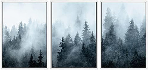 SIGNWIN Framed Canvas Print Wall Art Set Winter Fog Mist Pine Tree Mountain Forest Nature Wilderness Photography Modern Art Landscape Relax/Calm for Living Room, Bedroom, Office - 16"x24"x3 White