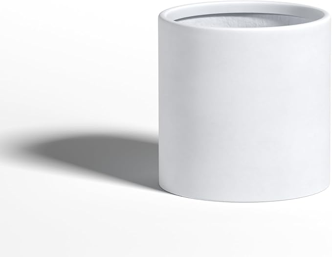 DTY Signature Mount Powell Fiberstone Planter - 12 Inch Medium White Cylindrical Mid-Century Modern Home Decor Indoor & Outdoor Plant Pot - Durable Planters for Indoor Plants, Outdoor Spaces
