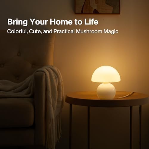 Mushroom Lamp Table Lamp for Bedroom,Desk Bedside Small Lamps for Living Room Night Stands,Mushroom Decor Cute Mini Modern Mid Century Lamps,Unique Aesthetic Home Living Room Decor(White)
