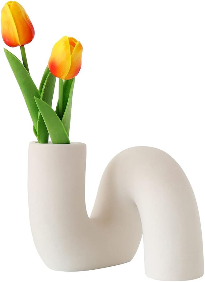White Ceramic Flower Vase for Decor,Modern Minimalist Abstraction Vases,Farmhouse Decorative vase for Centerpieces,Kitchen,Office, Living Room,Wedding Floral Decoration (Light Brown)