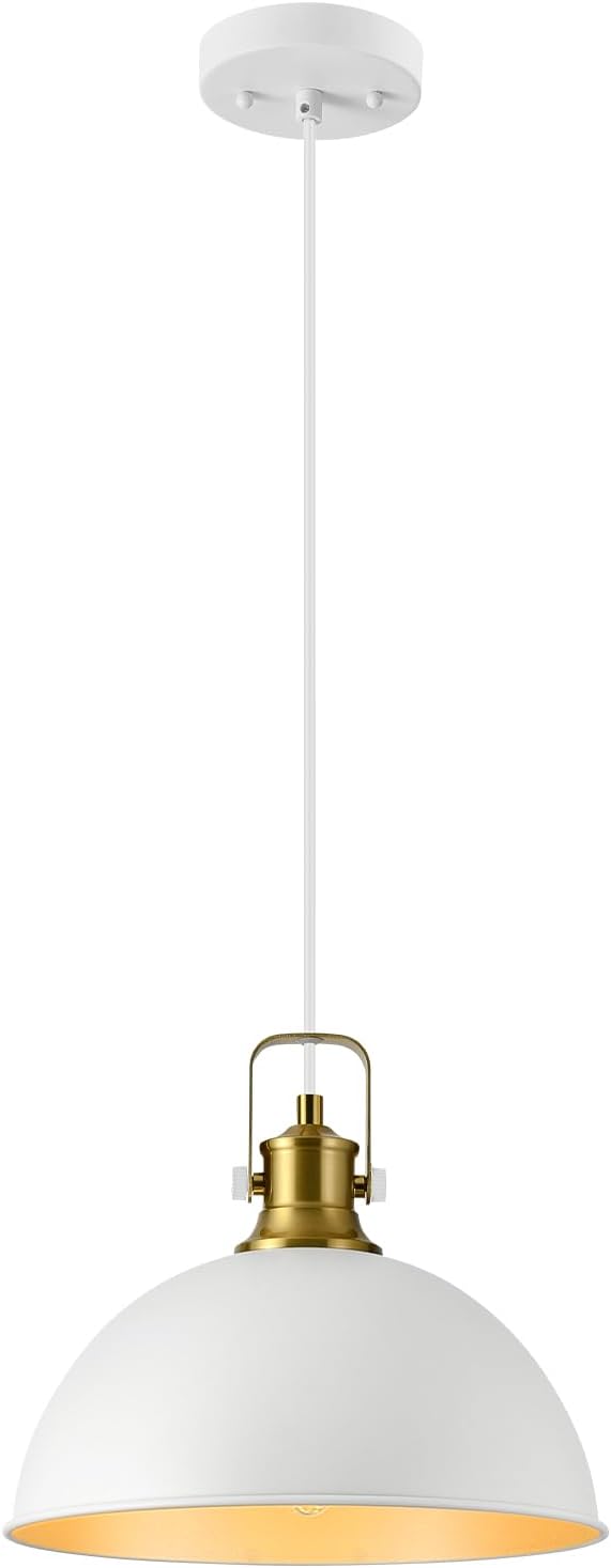 12 Inch White Farmhouse Pendant Lights for Kitchen Island Industrial Pendant Lighting Adjustable Height Vintage Dome Hanging Light Fixtures for Barn, Dining Room