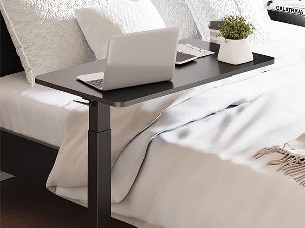 Medical Overbed Adjustable Bedside Table with Hidden Casters, Mobile Pneumatic Rolling Laptop Standing Desk with Tray for Home & Hospital Use, Black Tabletop + Black Edging