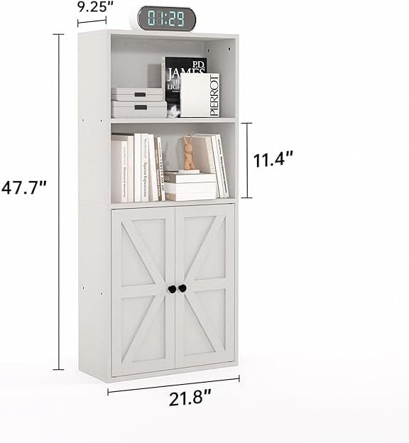 Bookshelf Bookcase with Doors, 4 Tier Wooden Storage Shelves Organizer, Floor Standing Display Cabinet Shelves, Home Decor Furniture for Home Office, Living Room, Bedroom, White