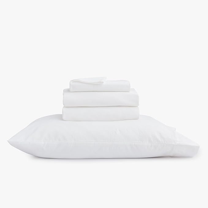 BESTOUCH Sheet Set 100% Washed Cotton Linen Feel Super Soft Comfortable Chic Lightweight 4 Pcs Home Bedding Set Solid Bright White Queen