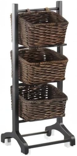 Casafield 3-Tier Floor Stand with Water Hyacinth Storage Baskets, Black/Espresso - Standing Organizer Rack for Bathroom, Kitchen, Laundry, Living Room