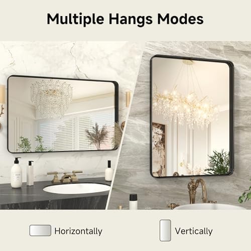 2pack Black Metal Framed Bathroom Mirror for Wall, 18X30 Inch Rounded Rectangle Mirror, Matte Black Bathroom Vanity Mirror Farmhouse, Anti-Rust, Tempered Glass, Hangs Horizontally or Vertically