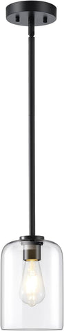 Black Pendant Light Fixtures, 6 Inch Clear Glass Shade Modern Farmhouse Pendant Lights Kitchen Island, Industrial Hanging Light Fixture Adjustable Stem Rod for Over Sink