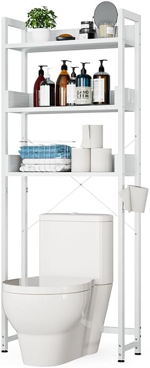 OTK Over-The-Toilet Storage, 3 Tier Bathroom Organizer Shelf, Freestanding Space Saver with Toilet Paper Holder, Multifunctional Over The Toilet Rack, White