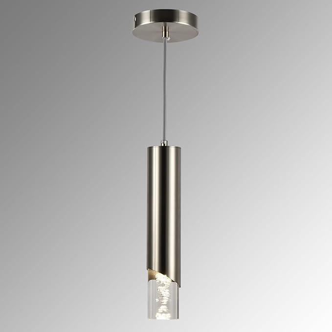 Pendant Light Fixture, Bubble Acrylic Pendant Lights Kitchen Island, 1 Light Dimmable Brushed Nickel Cylinder Pendant Island Hanging Light for Dining Room, 3000K
