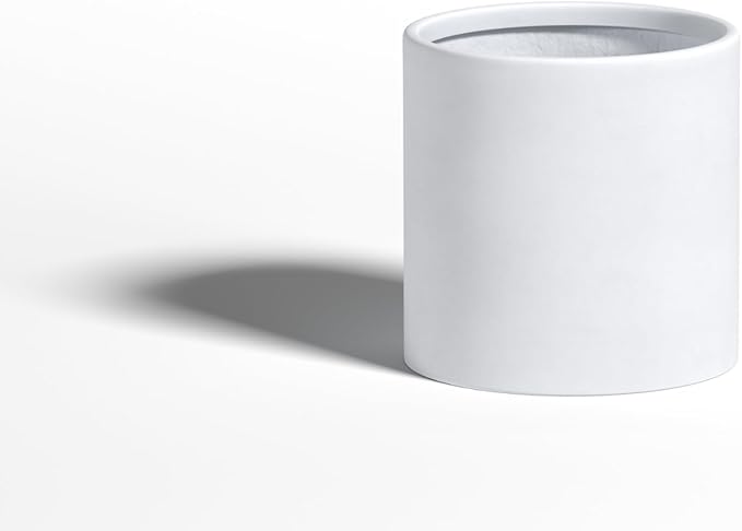 DTY Signature Mount Powell Fiberstone Planter - 10 Inch Small White Cylindrical Mid-Century Modern Home Decor Indoor & Outdoor Plant Pot - Durable Planters for Indoor Plants, Outdoor Spaces