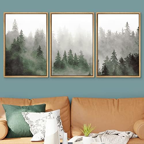SIGNWIN Framed Canvas Print Wall Art Woodland Nursery Decor Set Fog & Mist Over Green Pine Tree Forest Nature Wilderness Modern Art Chic Landscape for Living Room, Bedroom, Office - 16"x24"x3 Natural