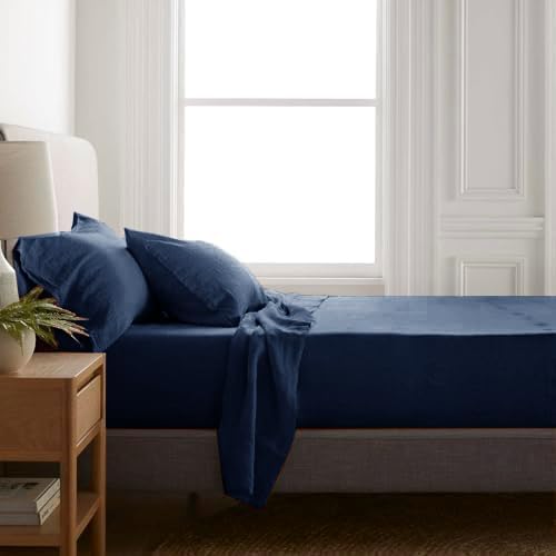 Talasily Linen Sheets- California King Size Sheets Set,Blend from Linen Cotton Bedsheets,All Seasons Soft Breathable 4 Piece Set-Navy Blue