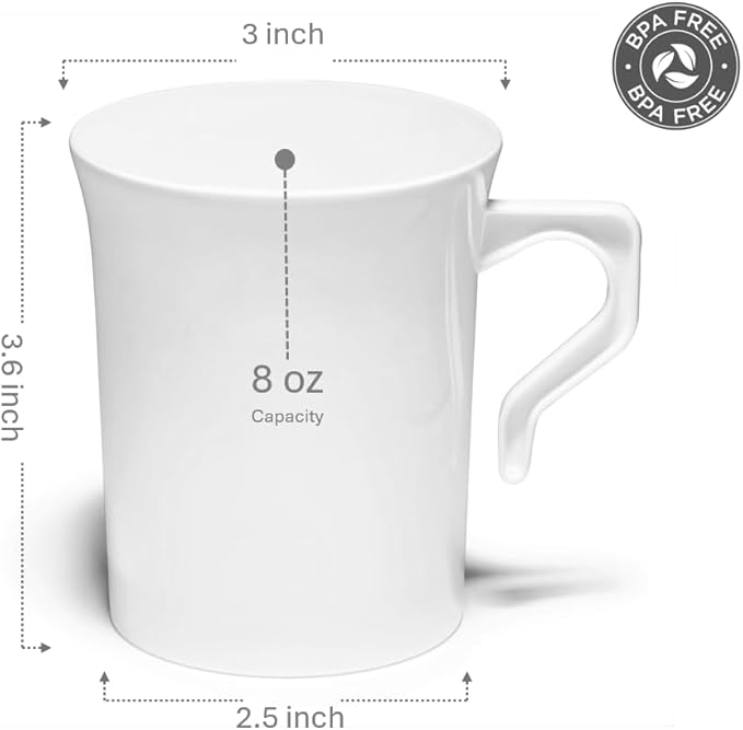 " OCCASIONS " 120 Mugs Pack, Heavyweight Disposable Wedding Party Plastic 8 oz Coffee Mugs/Tea Cups/Cappuccino Cups/Espresso Cup with Handles (8 oz Mugs, Plain White)