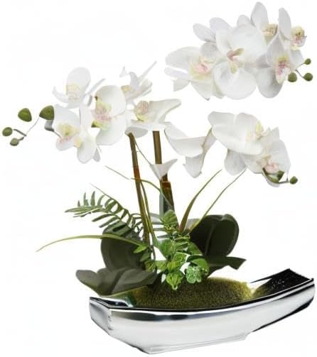 Briful Orchids Artificial Flowers 15" White Phalaenopsis Orchid with Silver Pots Real Touch Faux Orchid Plant for Home Office Living Room Table Decoration