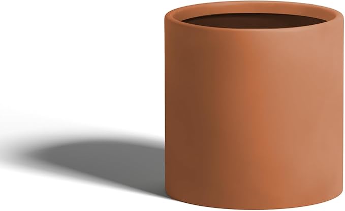 DTY Signature Mount Powell Fiberstone Planter - 12 Inch Medium Terracotta Cylindrical Mid-Century Modern Home Decor Indoor & Outdoor Plant Pot - Durable Planters for Indoor Plants, Outdoor Spaces