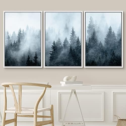 SIGNWIN Framed Canvas Print Wall Art Set Winter Fog Mist Pine Tree Mountain Forest Nature Wilderness Photography Modern Art Landscape Relax/Calm for Living Room, Bedroom, Office - 16"x24"x3 White