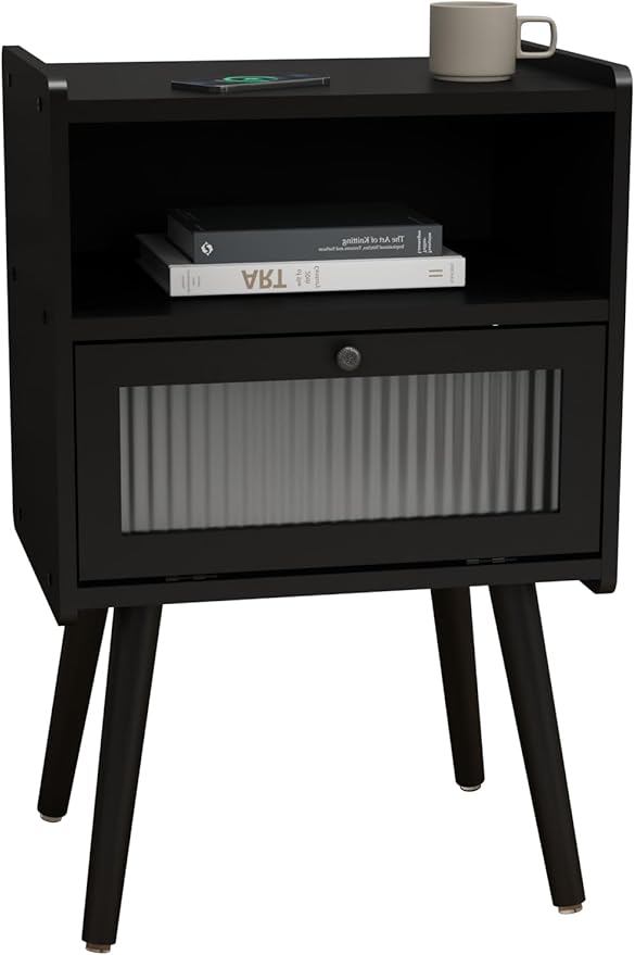 Mid Century Modern Nightstand, Side Table with Storage, Bedside Tables with Glass Door, End Table with Solid Wood Legs for Bedroom, Living Room and Small Spaces, Black