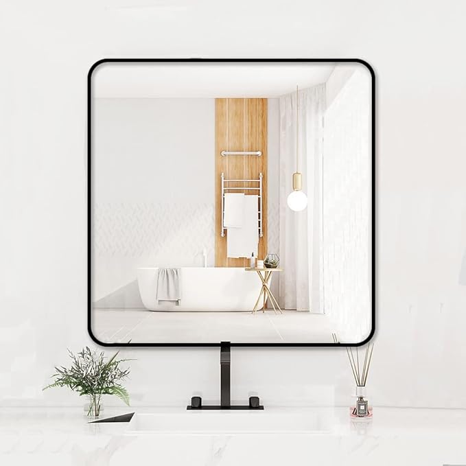 36"x36" Bathroom Wall Mirror with Matte Black Metal Frame & HD Glass, Copper-Free Mirrors Modern Rectangle Round Corner Framed Vanity Mirror - Horizontal or Vertical Installation