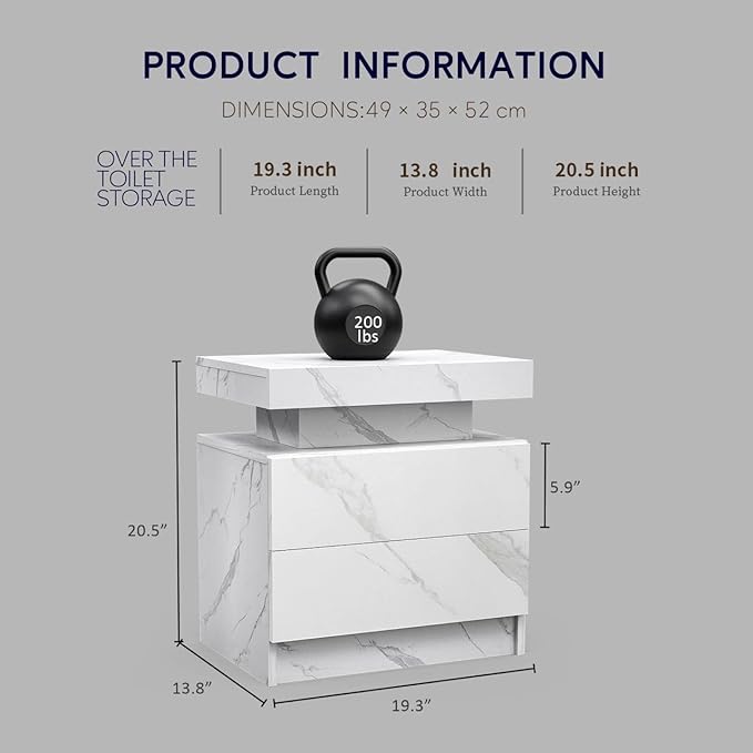 LED Nightstands Set of 2, Modern End Side Table with 2 Drawers, LED Bedroom Furniture for Bedroom and Living Room, White Marble Pattern