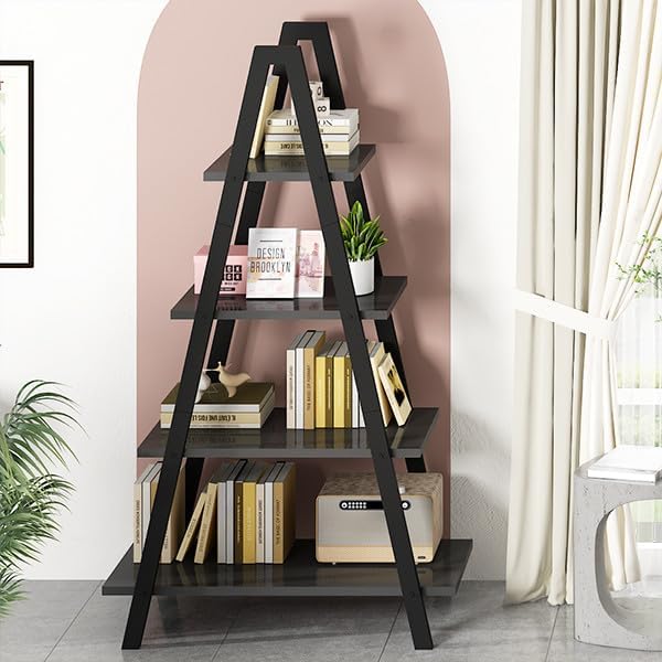 DKLGG 4-Tier A-Shaped Bookshelf, Industrial Metal Bookcase, Standing Bedroom Ladder Shelf, Open Display Shelves, Plant Stand Shelf Indoor, MDF Bookshelves for Living Room, Office, Small Spaces