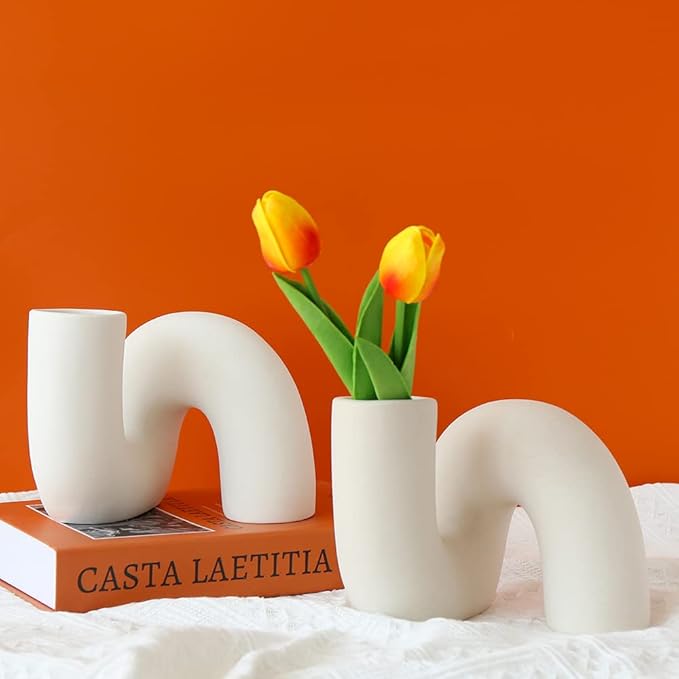 White Ceramic Flower Vase for Decor,Modern Minimalist Abstraction Vases,Farmhouse Decorative vase for Centerpieces,Kitchen,Office, Living Room,Wedding Floral Decoration (Light Brown)