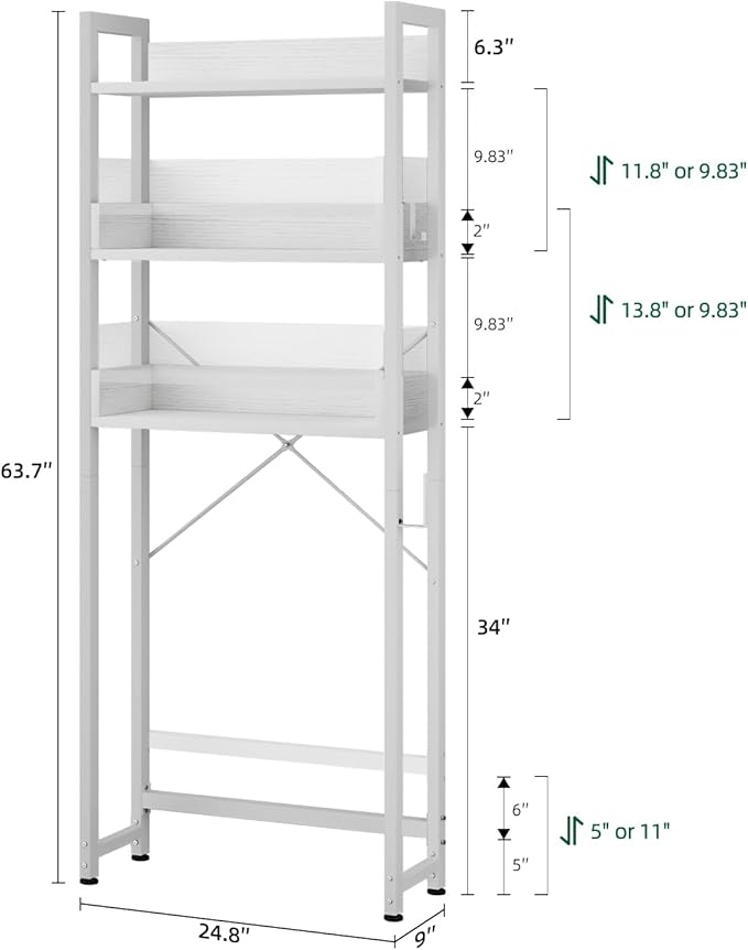 OTK Over-The-Toilet Storage, 3 Tier Bathroom Organizer Shelf, Freestanding Space Saver with Toilet Paper Holder, Multifunctional Over The Toilet Rack, White