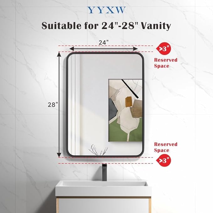 Black Bathroom Mirror 24 x 28 in Vanity Mirror,Metal Frame Wall Mirror,Farmhouse Rectangle Mirror, Bathroom Mirrors for Over Sink,Horizontal or Vertical Hanging
