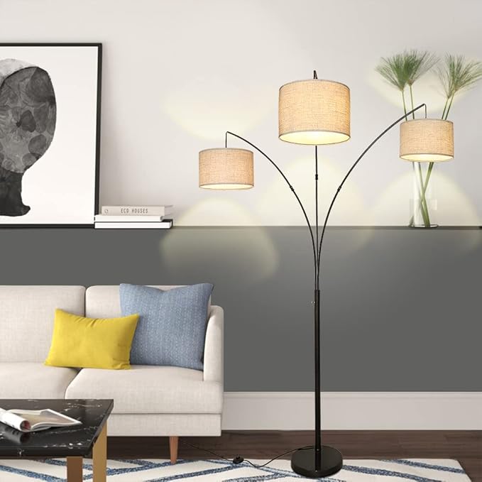 DLLT 3-Light Arc Floor Lamp, Modern LED Floor Lamp with Hanging Lampshades, 79 Inches Tall Standing Lamp with 3-Way Switch for Living Room Bedroom Reading Office Lighting, E26 Base, 9W Bulbs Included