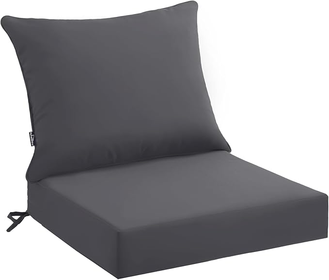 Outdoor Seat Cushion Set 22 x 22 x 4 Inch, Waterproof & Fade Resistant Patio Furniture Cushions with Removable Cover and Ties, Thick Deep Seating Pads for Outside Chair Sofa Couch, Grey