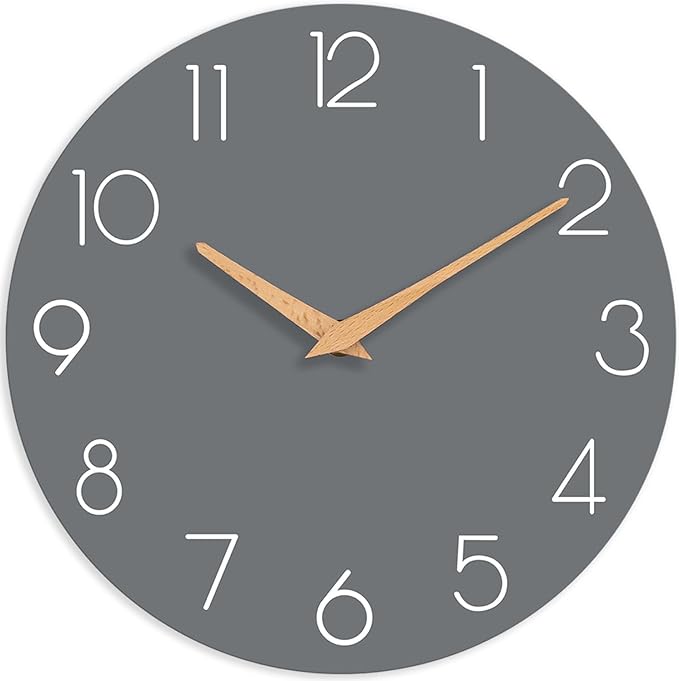 Wall Clock, 16 Inch Wooden Battery Operated Wall Clocks Silent Non-Ticking, Decorative Gray Clock for Living Room, Bedroom, Kitchen, Home, Office, School, Hotel