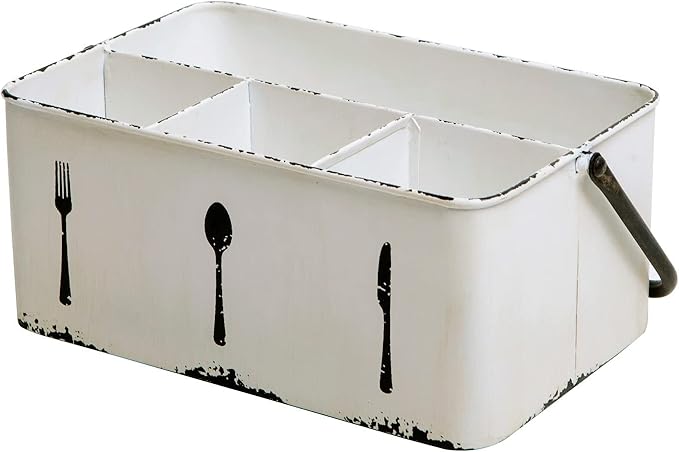 NIKKY HOME Utensil Caddy, Farmhouse Rustic Metal Cutlery Silverware Caddy with 4 Compartments, Flatware Holder Organizer for Kitchen Countertop, Picnics, Party, Camping, Outdoor - Distressed White