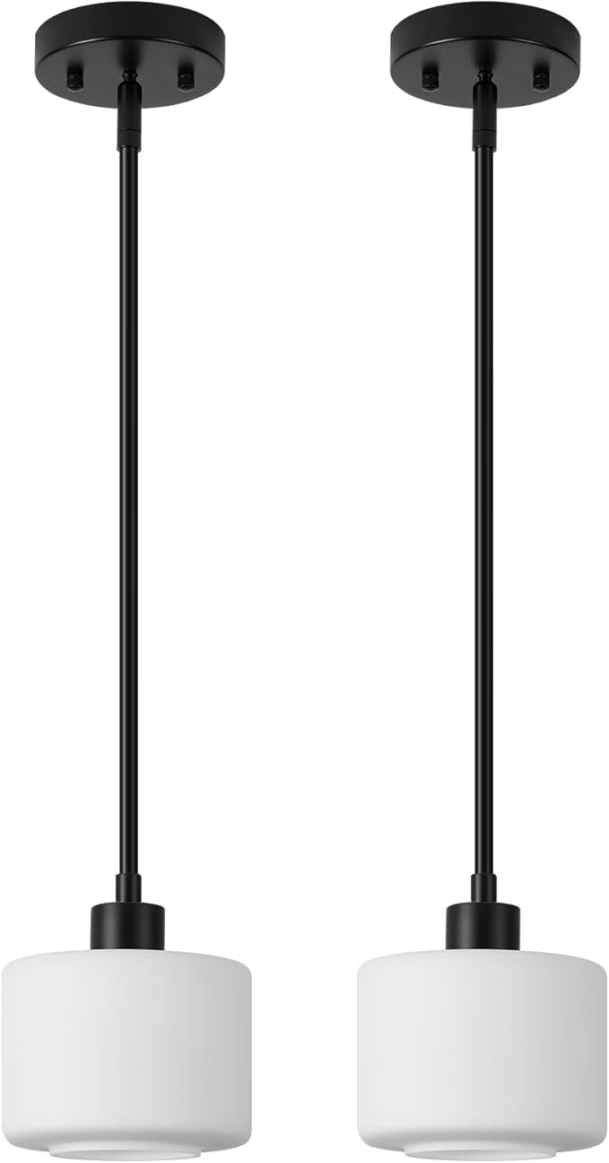 Black Pendant Lights Kitchen Island 2 Pack, Modern Milk Glass Hanging Light Fixtures with Rods, Mini Kitchen Pendant Lighting Over Island for Sink Bathroom, OS-YQ8153-2PBK